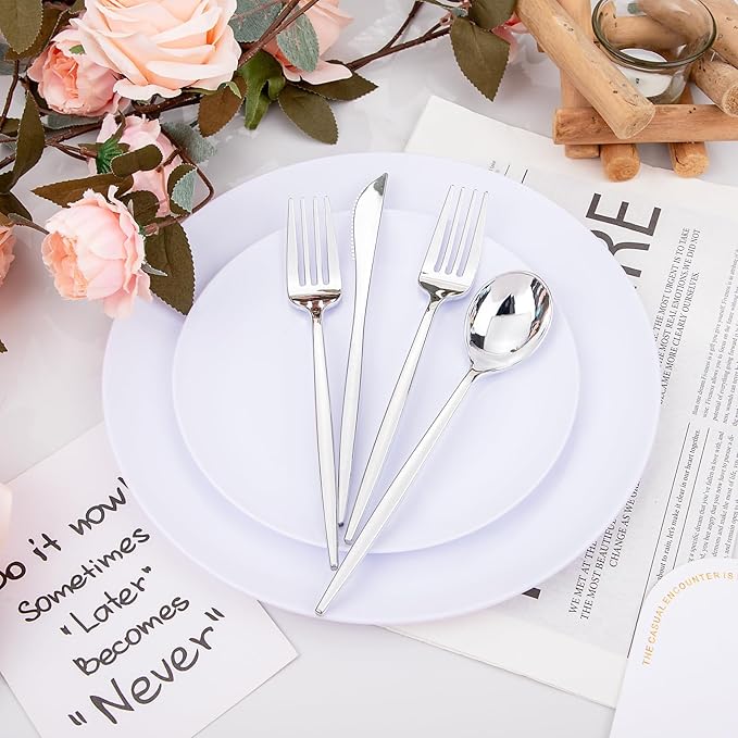 PULOTE 150PCS Silver Plastic Silverware Disposable - Heavy Duty Silver Plastic Cutlery Set - Plastic Utensils Set Include 50 Knives,50 Forks and 50 Spoons for Wedding,Party&Christmas