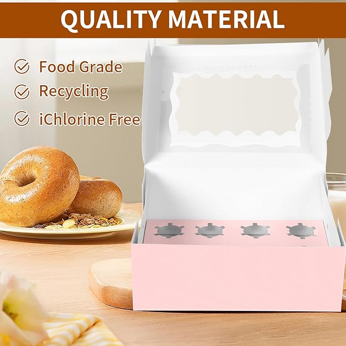 Pink 1+8 paper box 10pcs Bakery Boxes with Window,Stackable Cake and Cupcake Carriers, for Birthdays & Parties (Pink, 1+8(10Pack))