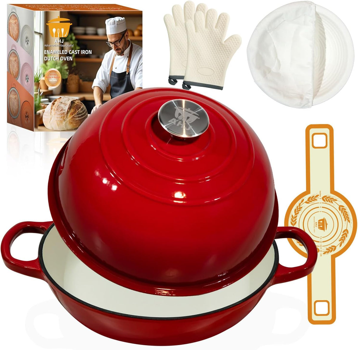 AHJ 6QT Dutch Oven For Bread Baking, Enameled Cast Iron Dutch Oven Pot with Lid, Multi-Functional Bread pan, Sourdough Baking Supplies with Proofing Basket, Cast Iron Bread Oven, Silicone Sling & Gloves.