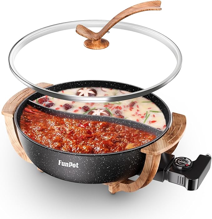 Multi-Temp Electric Hot Pot with Dual Dividers, 1100W Fast Heat & Auto Safety Shut-Off, 6L Family-Size Non-Stick Pot for 4-12 People (Wraparound Wood-grain Handles)