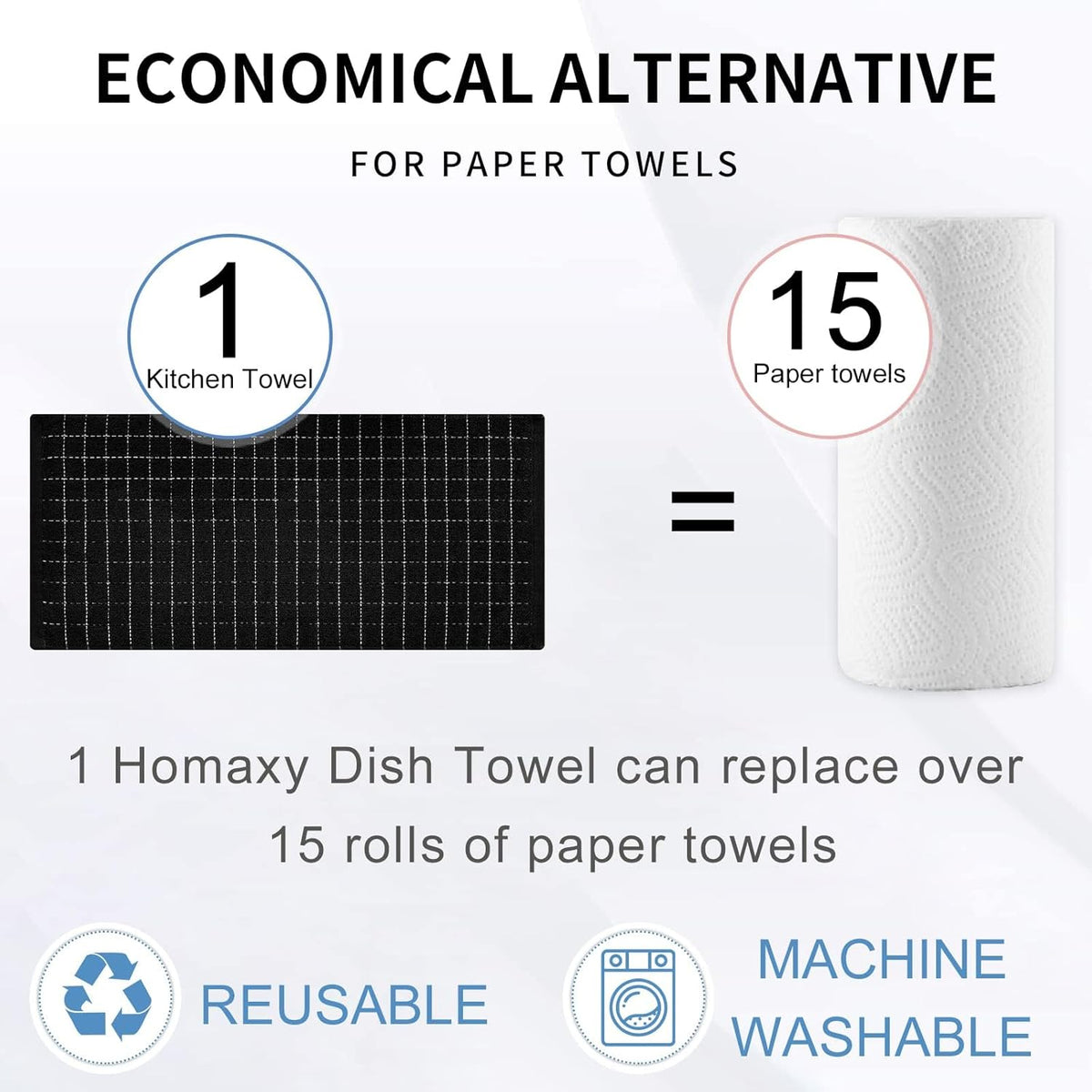 Homaxy 100% Cotton Terry Kitchen Towels(Black, 13 x 28 inches), Checkered Designed, Soft and Super Absorbent Dish Towels, 12 Pack