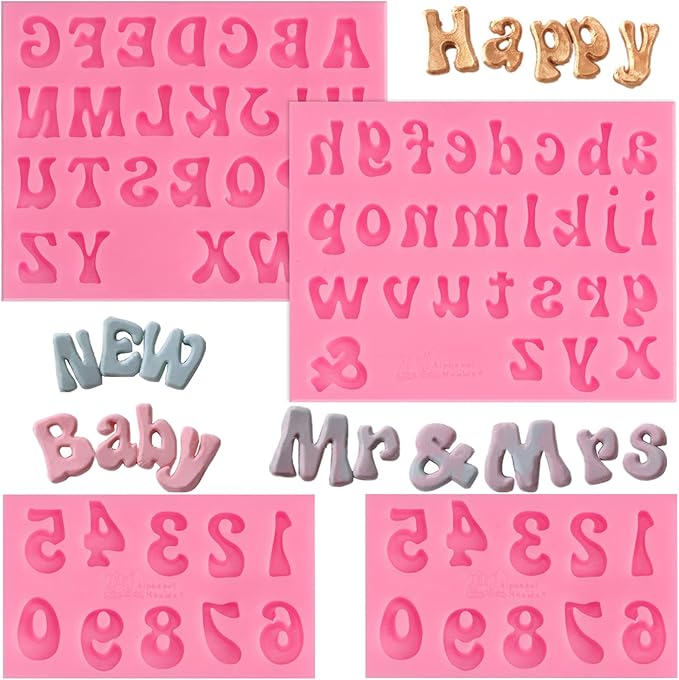 JOERSH 4PCS Silicone Letter Molds, Non-Stick 26 Letters and 0-9 Numbers Fondant Chocolate Molds for Dessert Cake Decorating, Cupcake Topper, Candy