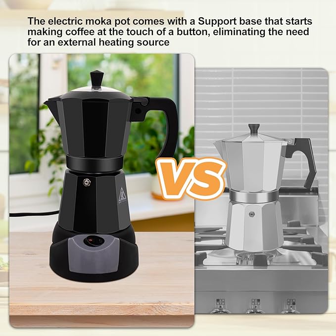 Electric Aluminum Moka Pot 5-6 Cup 270ml Espresso Maker with Detachable Base Ideal Coffee Makers for Home MochaPot Italian and Cuban Café Coffeemaker Espressomaker CoffeePot Black
