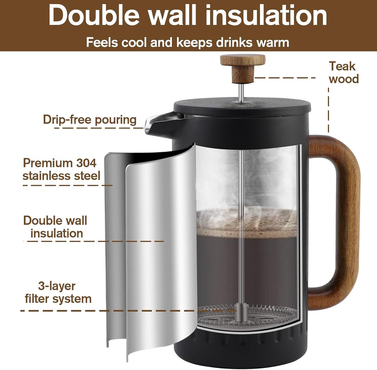 Rorence 34oz French Press Coffee Maker, Coffee Press with Real Wood Handle & Plunger Head, Double Wall Insulation & Dual-Filter Screen, incl. replaced filters & instructions, Black