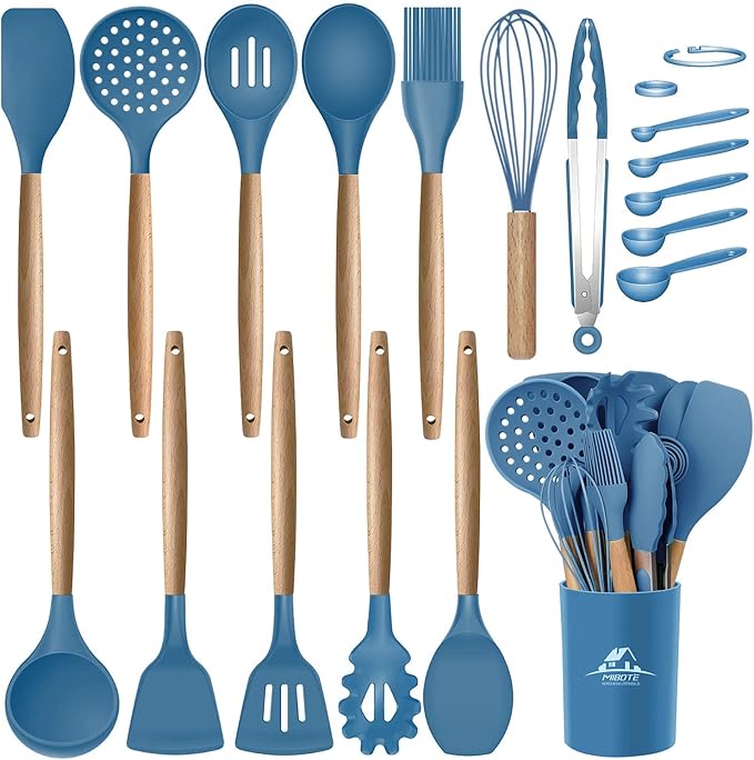 MIBOTE 17 Pcs Silicone Cooking Kitchen Utensils Set with Holder, Wooden Handles BPA Free Silicone Turner Tongs Spatula Spoon Kitchen Gadgets Utensil Set for Nonstick Cookware (Blue)