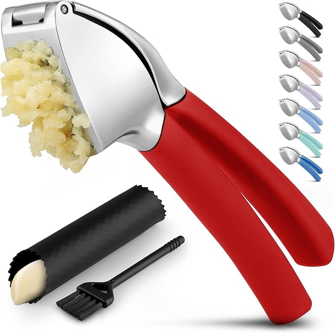 Zulay Kitchen Comfort Grip Garlic Press - Garlic Mincer Tool - Garlic Crusher - Garlic Press Mincer Rust Proof, with Soft Ergonomic Handle, Easy Clean Set with Peeler and Brush - Red