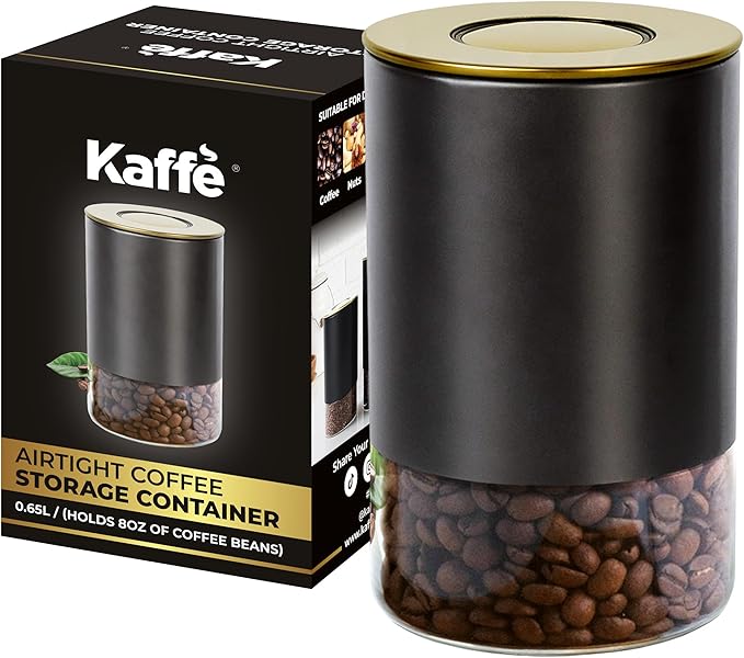 Kaffe Glass Coffee Canister (8oz) w/Airtight Lid - Click to Release Seal - BPA Free Glass & Stainless Steel - Elegant Kitchen Storage Container for Coffee, Nuts, Rice, Flour, Sugar, Tea, Cereal
