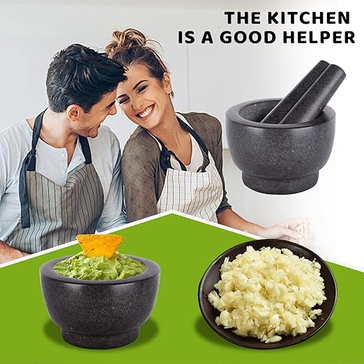 Mortar and Pestle Set,Heavy Duty,Unpolished Granite,5Inch-1.5Cup Capacity,Grinder for Spices and Seeds,Grinding,Crushing and Mashing Spices,Nuts,for Guacamole,Garlic Sauce,Black.