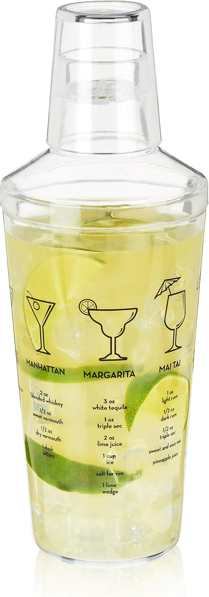 True Maraca Cocktail Shaker with Built In Strainer, Drink Mixer with 7 Classic Drink Recipes & Measurements, Perfect for Game Nights, BBQ, House Party, Picnic, Home Bar Accessories, 16 oz, Set of 1