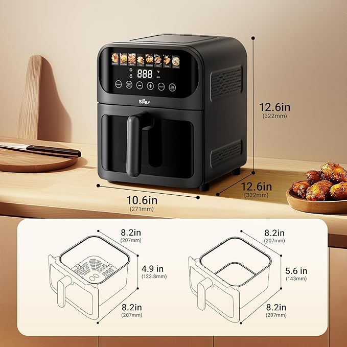 Bear Air Fryer, Stainless Steel Airfryer 8 Presets for Fast Family Meals, 6.4Qt Large Visible Window Temp Timer Adjustable Roast Bake Crisp French Fries Steak, Non Stick Basket Dishwasher Safe
