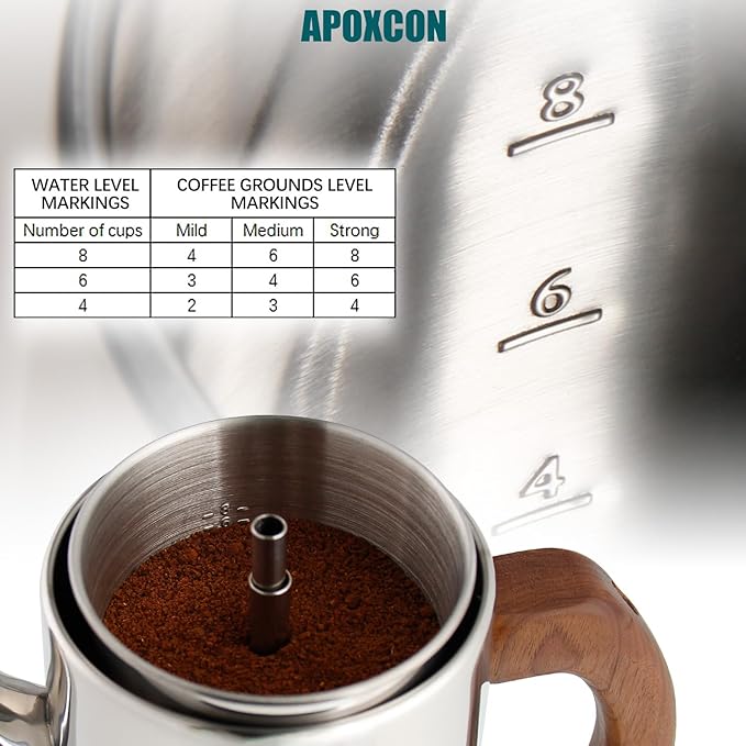 APOXCON Electric Coffee Percolator Stainless Steel Coffee Pot with Two Tough Glass Clear Brew Progress Knob & Treated Solid Wood Handle & On/OFF Switch Auto Keep Warm Cordless Serve (8 Cup)