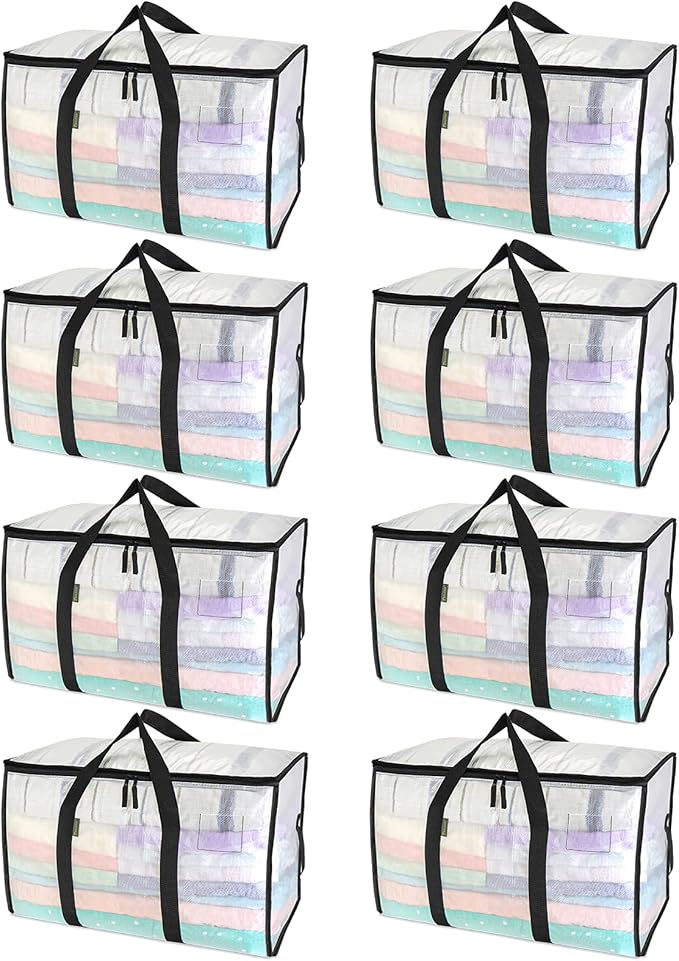 BALEINE 8-Pack Oversized Moving Bags with Reinforced Handles, Heavy-Duty Storage Tote for Clothes, Moving Supplies (Clear, 8-Pack)