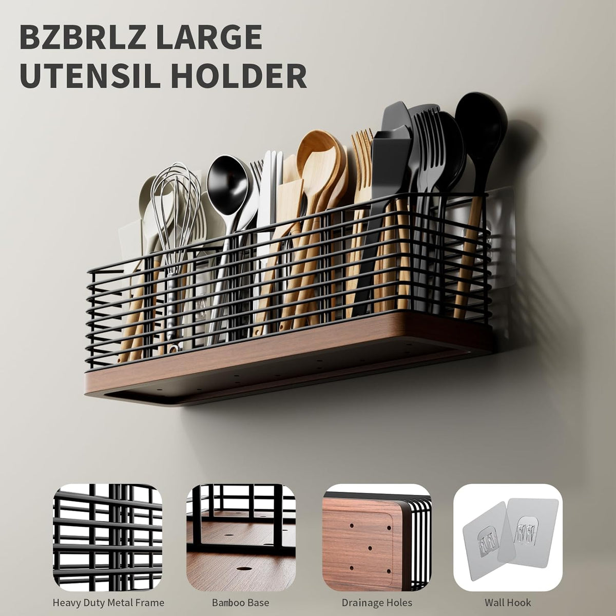 Large Utensil Holder for Kitchen Counter with 4 Compartments, Matte Black Metal Holder with Wooden Base Cooking Utensil Organizer for Spatula Utensil Crock Caddy