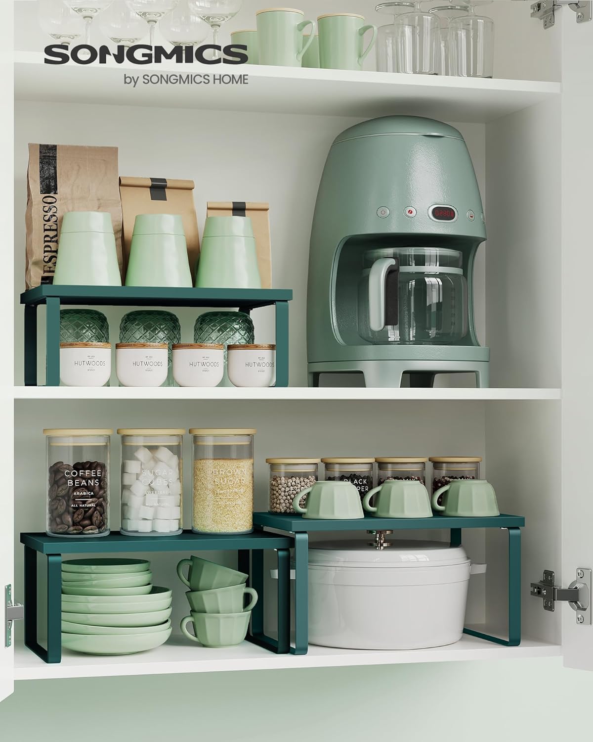 SONGMICS Cabinet Organizer Shelf, Set of 3 Kitchen Counter Shelves, Kitchen Storage, Spice Rack, Stackable, Expandable, Cascade Green UKCS220C01V1