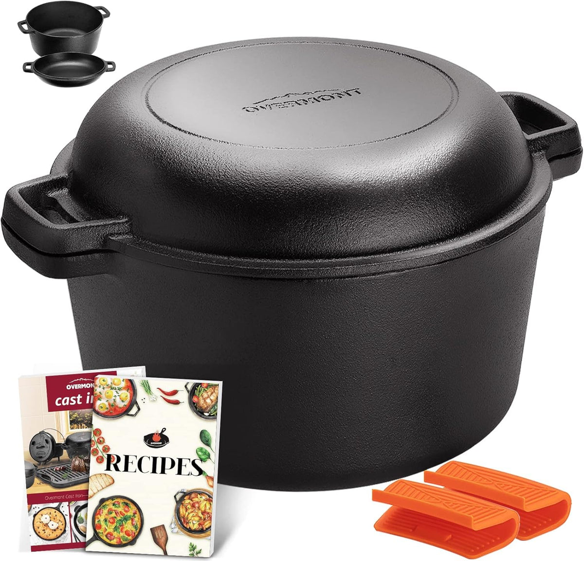 Overmont 2 in 1 Pre Seasoned Dutch Oven with Skillet Lid for Induction, Electric, Grill, Stovetop, BBQ, Camping (5 Quart)