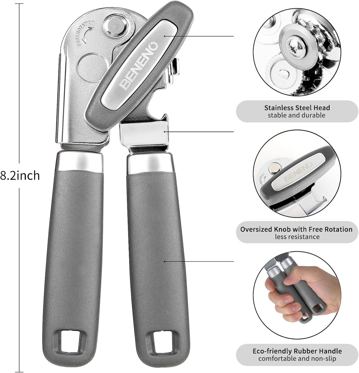 Beneno Can Opener Manual with Magnet, Hand Held Heavy Duty Can Opener with Durable Sharp Blade Smooth Edge, Big Effort-Saving Knob, Soft Grip Rubber Handle, Multifunctional Bottle Opener, Gray