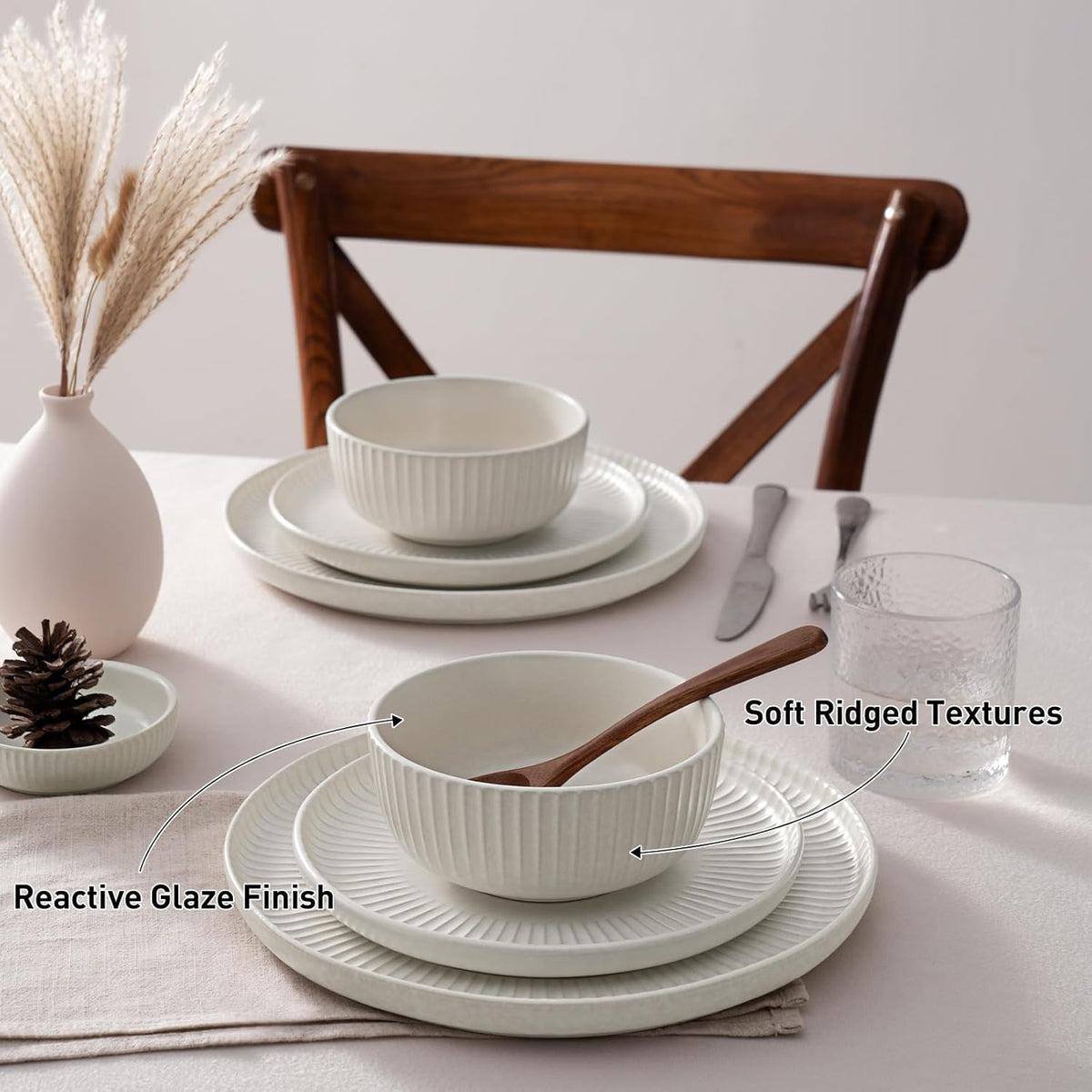 Famiware Starlight Dinnerware Sets, Plates and Bowls Dish Set of 6 (18 Pieces), Ribbed Textured Tableware - Dishwasher & Microwave Safe, Chip Resistant, Reactive Glaze, Matte Reactive White