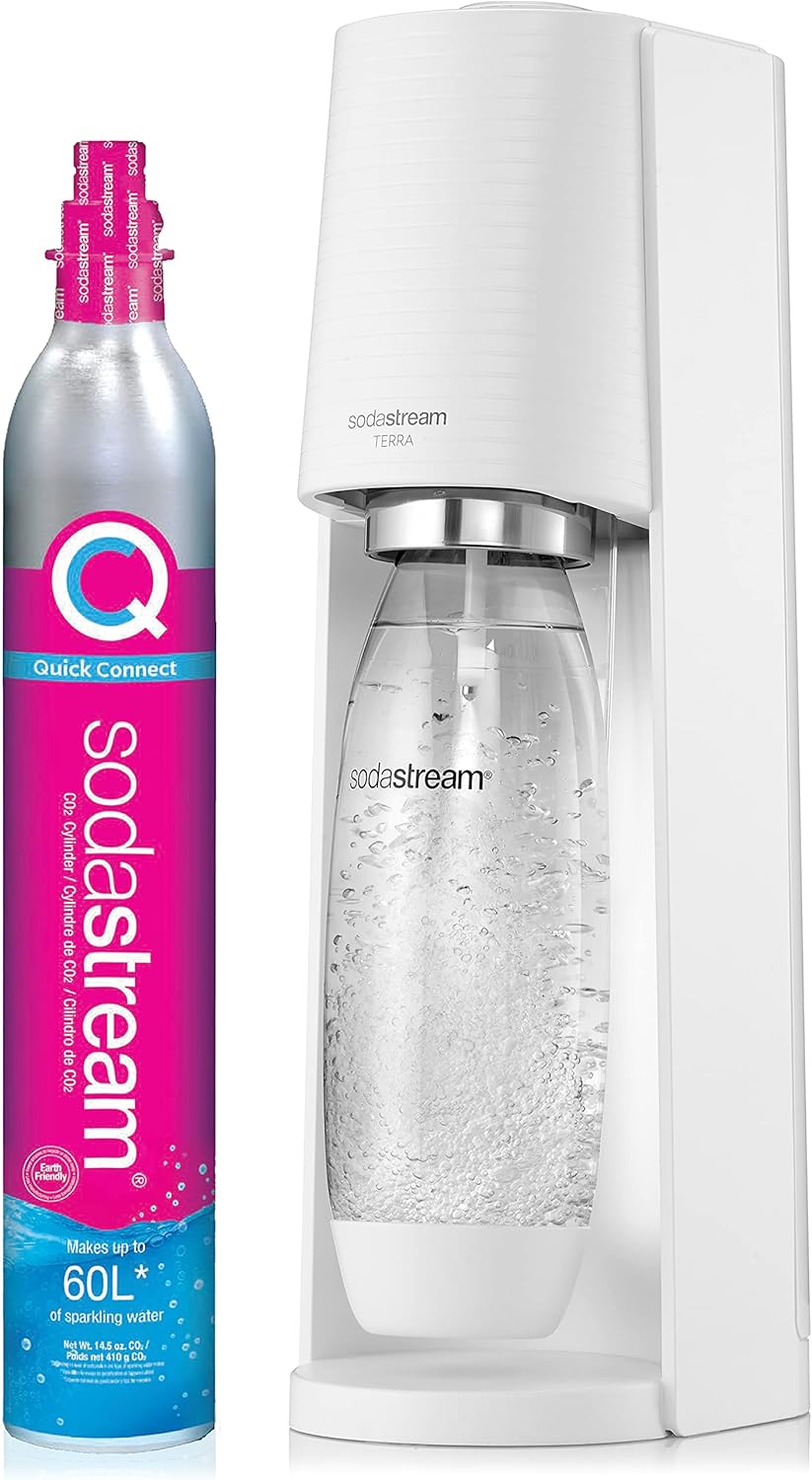 SodaStream Terra Sparkling Water Maker Bundle (White), with CO2, DWS Bottles, and Bubly Drops Flavors