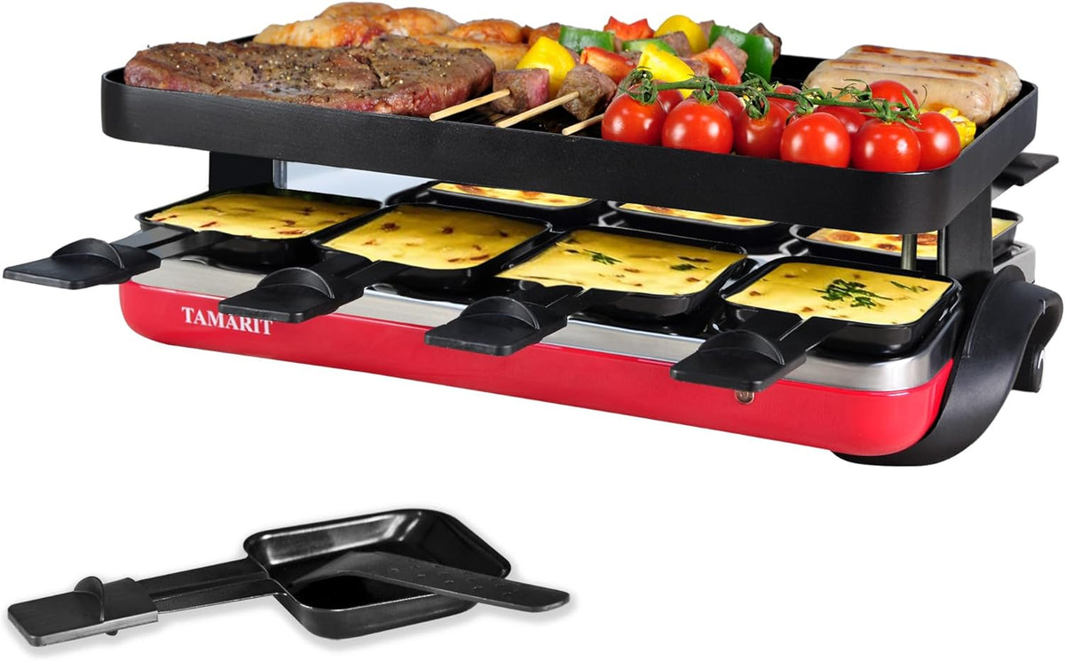 TAMARIT Classic 8 Person Raclette Grill 1500W Electric Tabletop Grill with Reversible Plate, 8 Non-Stick Raclette Trays & Spatulas Indoor Portable Korean BBQ Barbecue Grill, Party Grill Red