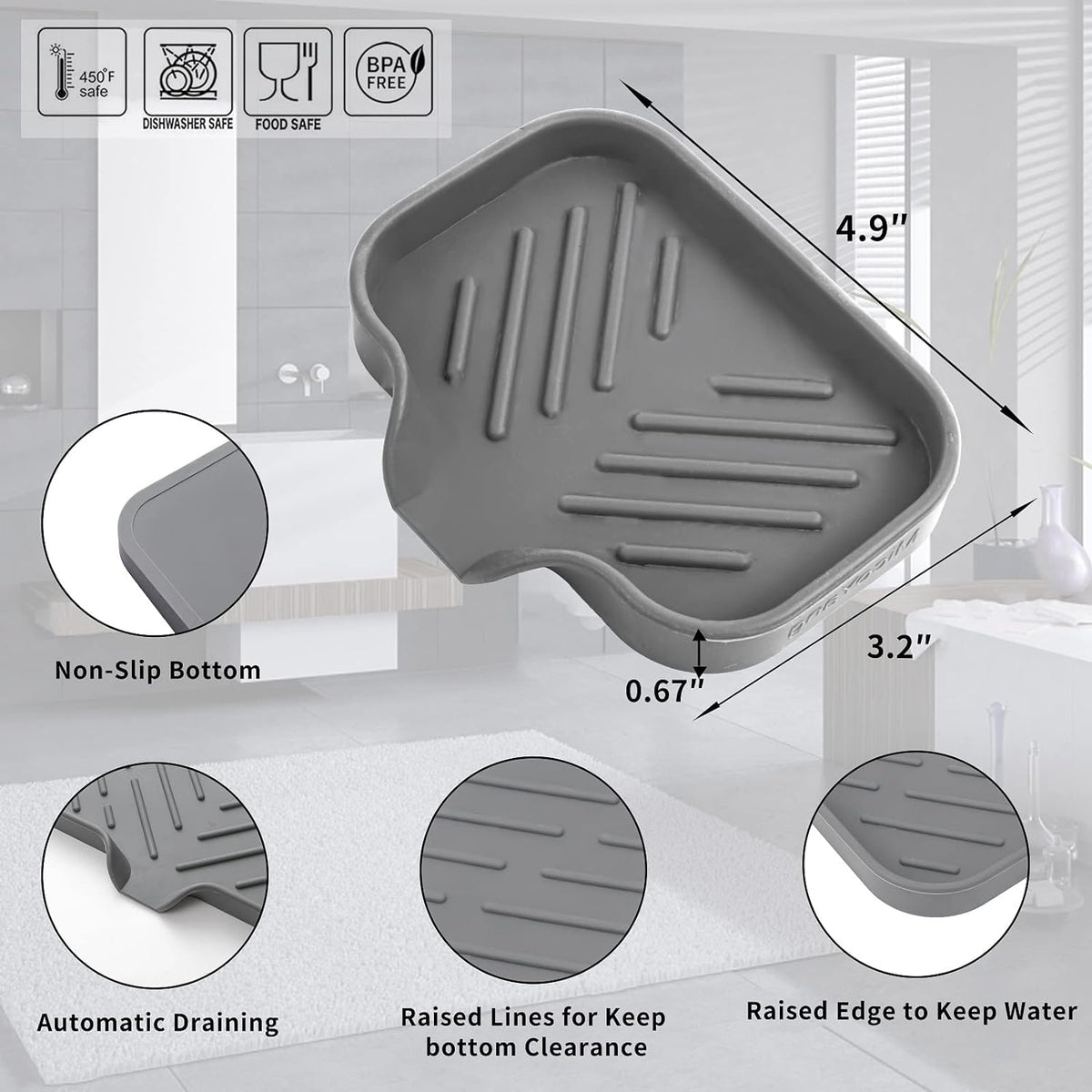 Silicone Bathroom Soap Dishes with Drain Spout-Bathroom and Kitchen Sink Organizer,Sponge Holder,Dish Soap Tray,Perfect for Dispenser,Scrubber,Bottle,Cup on Sink or Counter-Grey 4.9"×3.2"