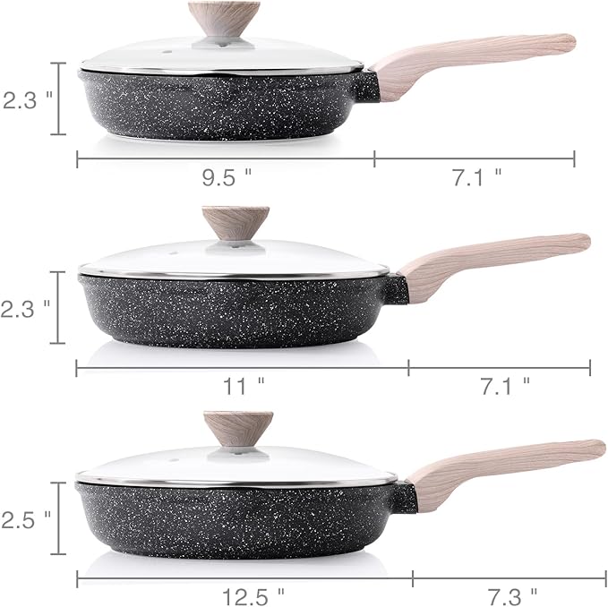 Kordisen Nonstick Frying Pan Set with Lids, 3 Piece Skillet Set, Healthy Induction Cookware Cooking Pan, Stay-Cool Handle, Compatible with All Stovetops, PFOA Free (9.5, 11, 12.5 Inch)