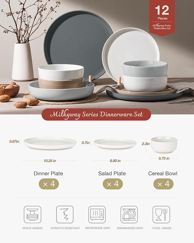 Famiware Milkyway Plates and Bowls Set, 12 Pieces Dinnerware Sets, Dishes Set for 4, Multi-color