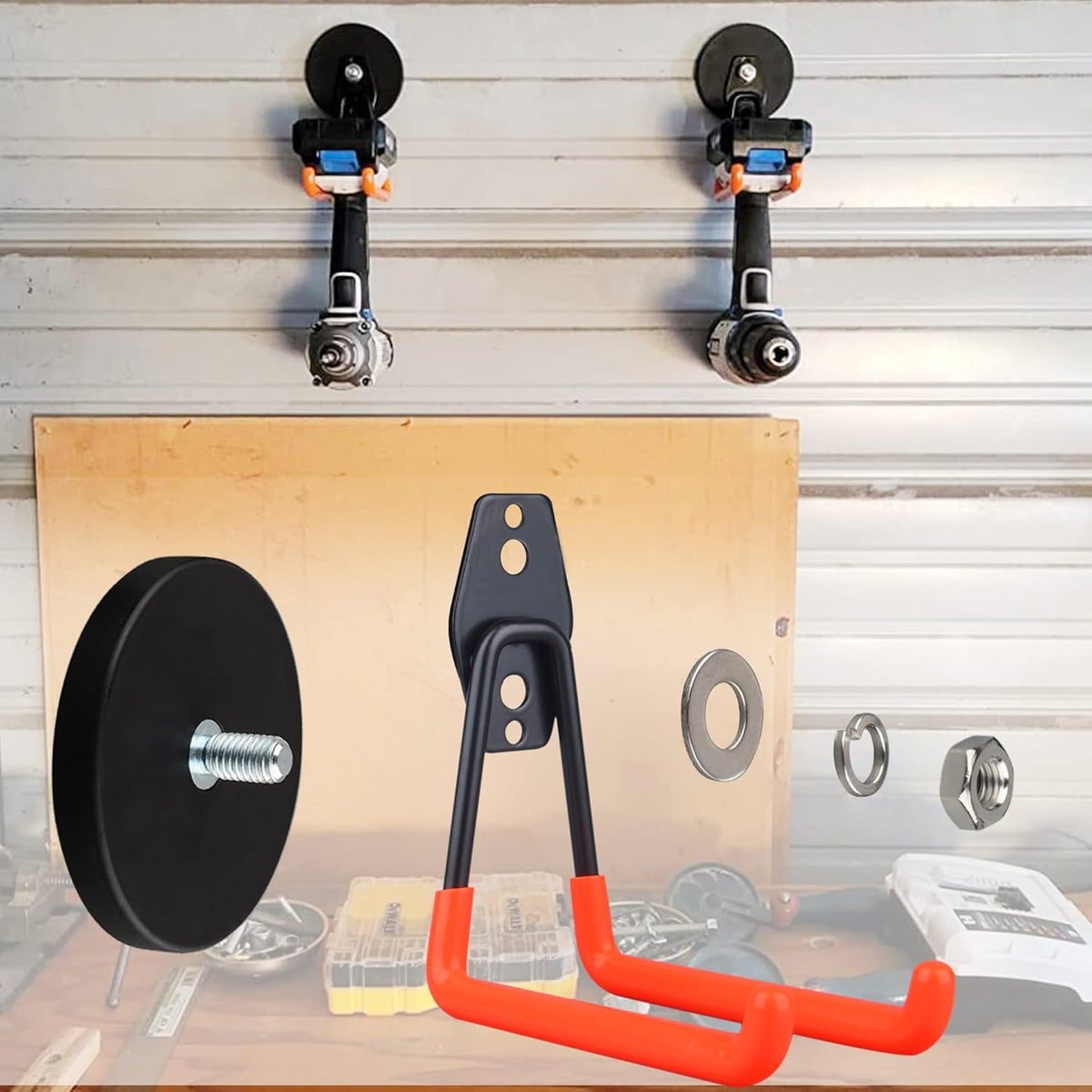 MUTUACTOR Magnetic Hooks,2PCS Storage Magnetic Hooks Heavy Duty Anti-Slide Garage Hanger Magnetic Mounting,Garage Organization for Power Drill,Garden Tools,Hose,Tool Chest,Steel Pegboard,Workshop