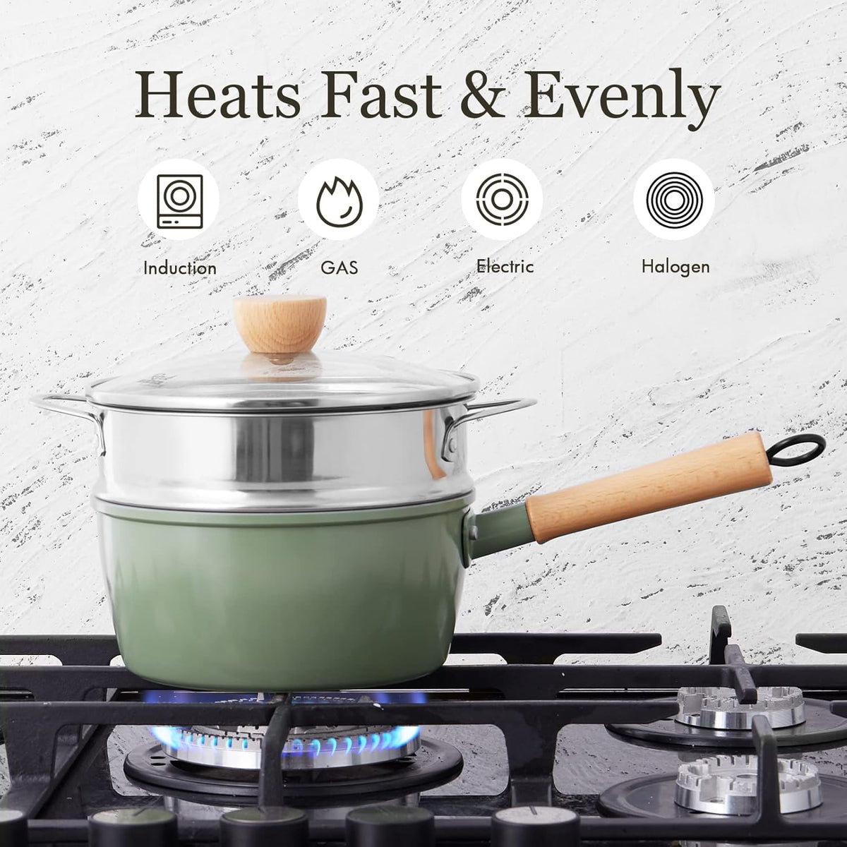 ROCKURWOK Ceramic Nonstick Sauce Pan with Lid, 2 Quart Cooking Pot, Small Saucepan with Steamer, PTFE& PFAS-Free, Wooden Handle for Cool Touch, Universal Base(Gas, Electric & Induction), Green
