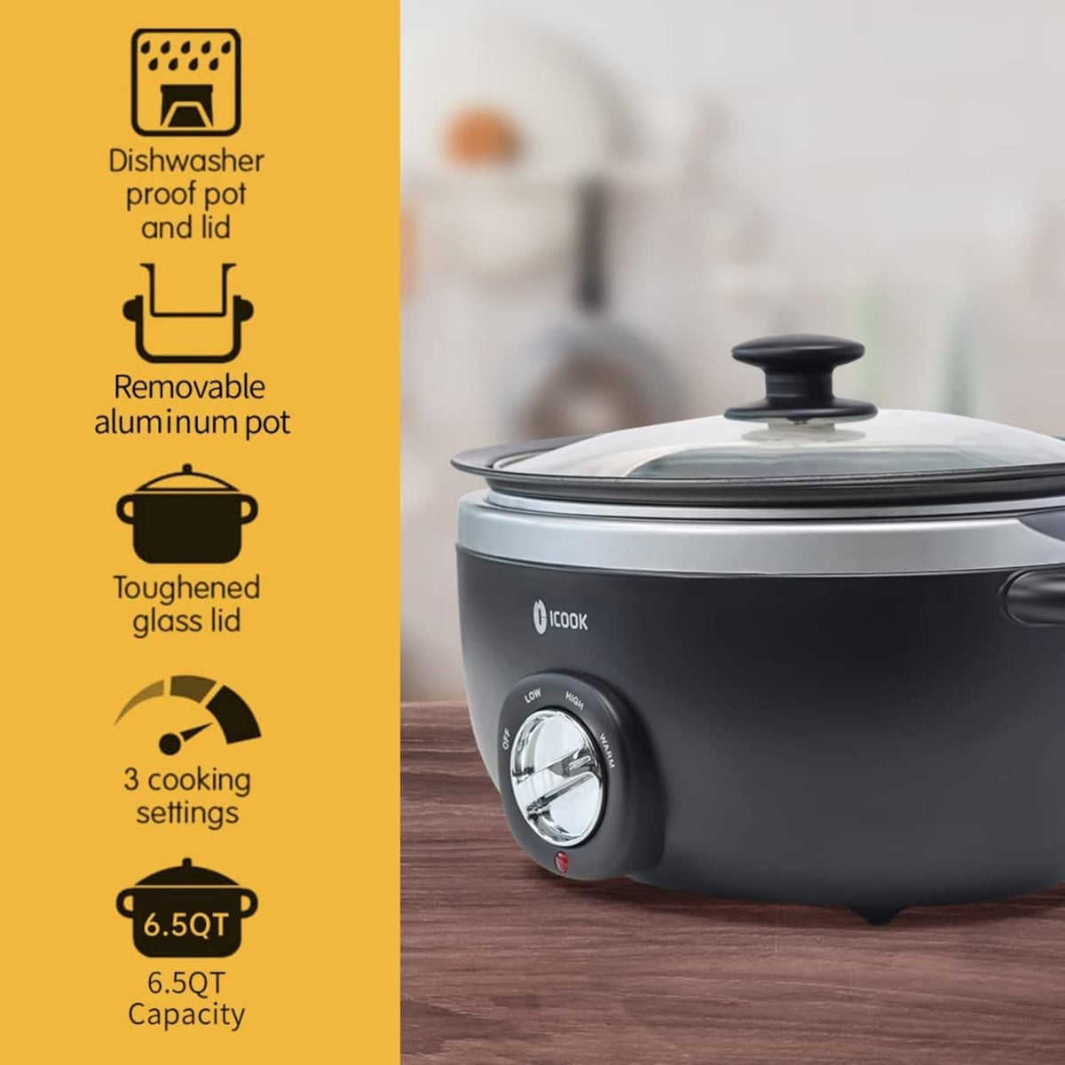 ICOOK 6.5 Quart Slow Cooker, Simmer Pot with Transparent Glass Cover, Cooks Entrees, Adjustable Temp, Sauces, Soups, Roasts, Stews and Dips (Black)