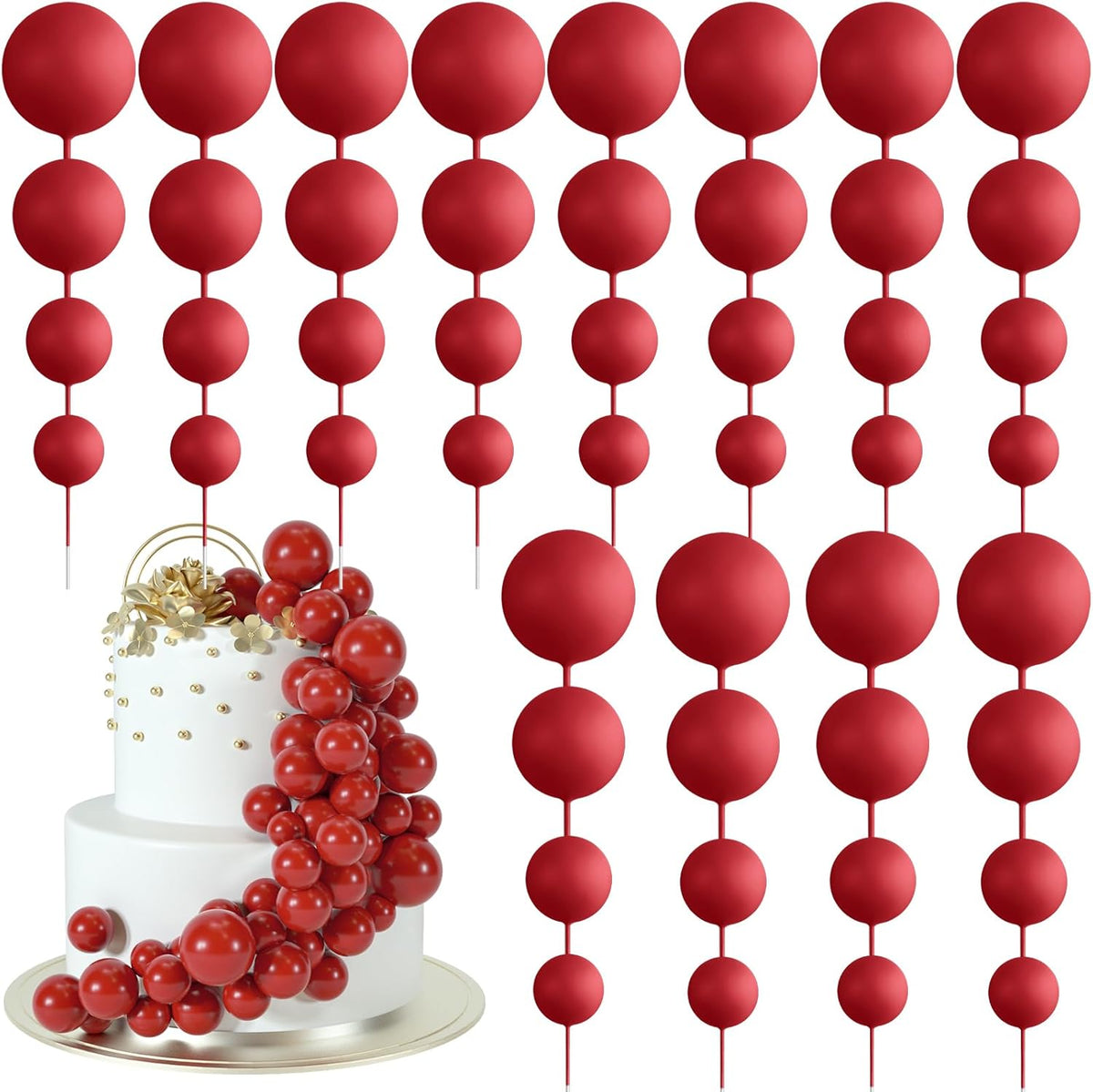 48 Pcs Balls Cake Topper Decorations Balloon Cupcake Toppers Foam Cake Topper Balls Cake Balls Decorations for Birthday Party Wedding Anniversary Cake Decorating (Red)