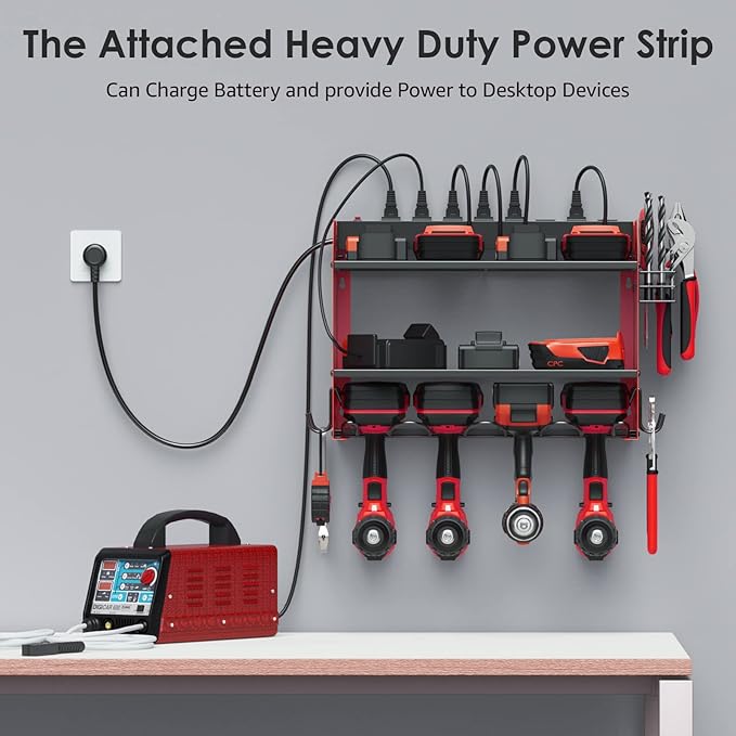 CCCEI Modular Power Tool Organizer Wall Mount with Charging Station. Garage Drill Storage Shelf with Hooks, Heavy Duty Rack, Tool Battery Holder Built in 8 Outlet. Gift for Men. Red, 2 Pack.
