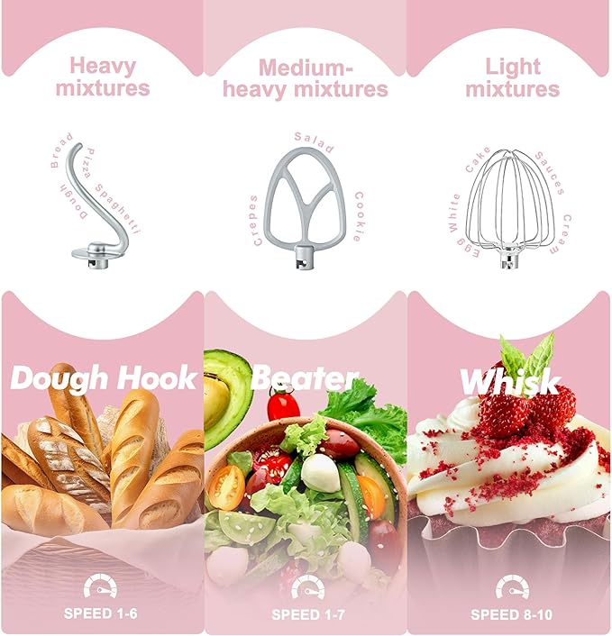 Kitchen in the box Stand Mixer, 4.5QT+5QT Two bowls Electric Food Mixer, 10 Speeds 3-IN-1 Kitchen Mixer for Daily Use with Egg Whisk,Dough Hook,Flat Beater (Rose Pink, 5QT)