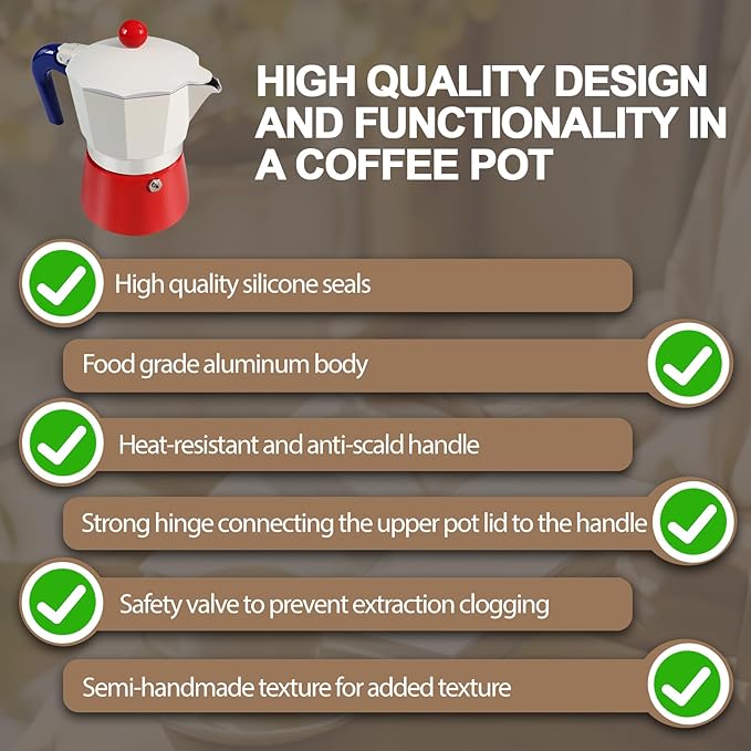 Aluminum 6 Cup 300ml Moka Pot Express Coffee Maker Stovetop Espresso Colorful Coffeemaker Italian Classic Style Brewing Greca Cafe Mocha Machine for Cafeteras Lover Camping Travel and Home Use 10oz
