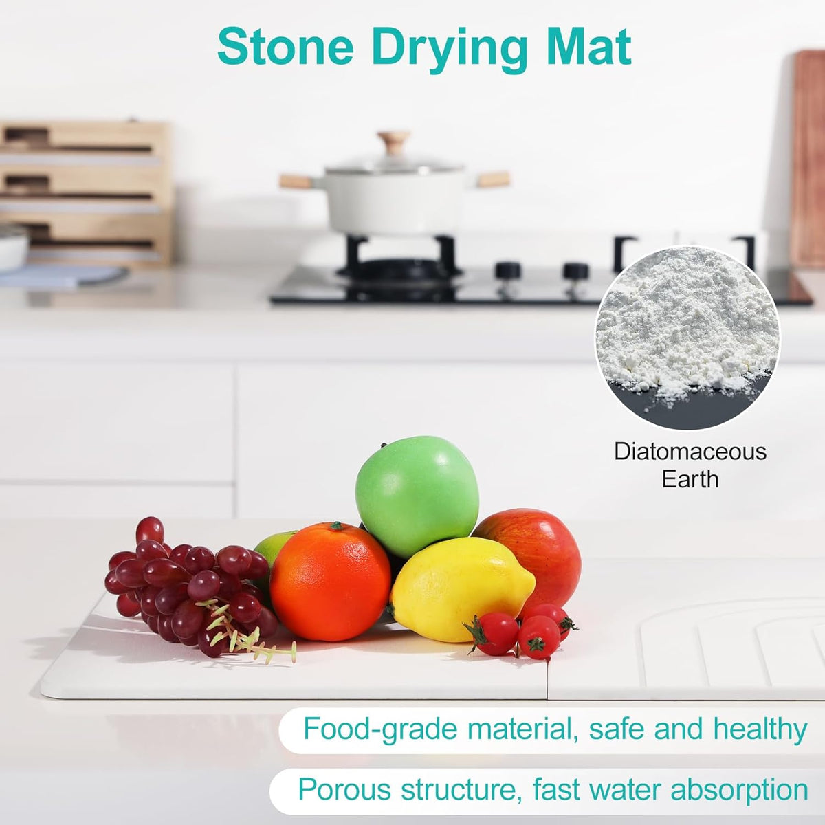 Luxspire Large Stone Drying Mat for Kitchen Counter 24"x16"- Fast-Absorbing Dish Drying Mat Non-Slip Drying Pad for Dishes, Utensils, Cups Waterproof Counter Protector for Kitchen Bathroom, White