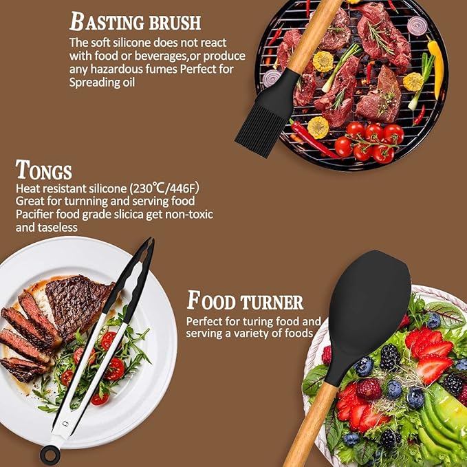 Umite Chef Kitchen Cooking Utensils Set, 33 pcs Non-Stick Silicone Cooking Kitchen Spatula Set with Holder, Wooden Handle Silicone Kitchen Gadgets Utensil Set (Black)
