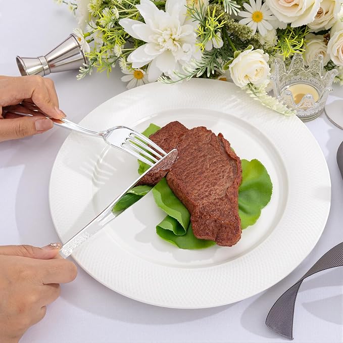 300Pieces Silver Plastic Silverware - Heavy Duty Disposable Utensils - Silver Plastic Cutlery Set Includes 100 Forks, 100 Spoons, 100 Knives for Dinner Parties Weddings