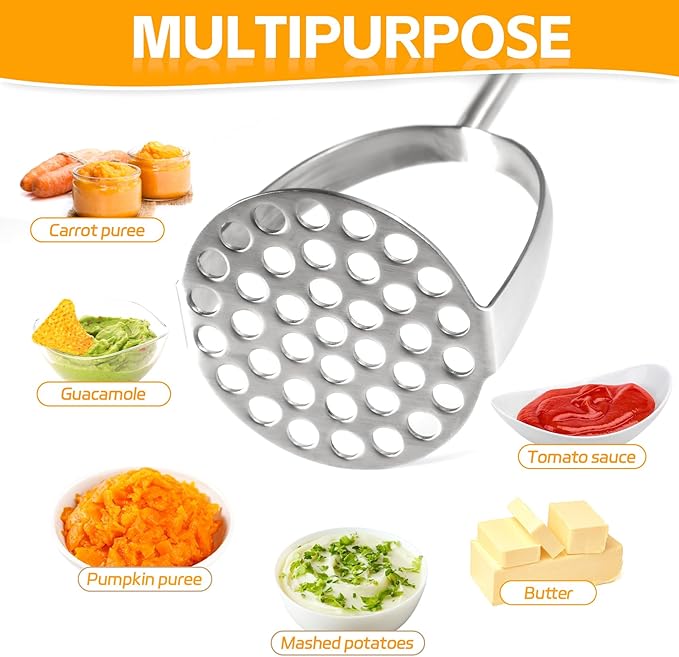 Mashed Potatoe Masher Stainless Steel - Heavy Duty Potato Masher, Professional Integrated Masher for Avocado, Potatoes, Beans, Meat, Vegetables
