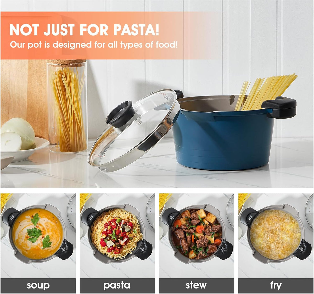 ACTIV CUISINE 8.5qt Pasta Pot with Strainer Lid, Cast Aluminum Stockpot Multipot, Nonstick Ceramic Coating make Cleanup easy with Tempered Glass Lid, Dishwasher Safe, Induction, Blue