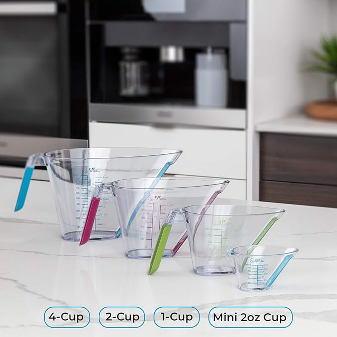 KPKitchen 4-Piece Angled Liquid Measuring Cups Plastic Set - BPA-Free Mini Oz, 1, 2 and 4 Plastic Measuring Cup Sizes - Measuring Cups For Liquids with ML & Cups Measures - Small & Large Measure Cup