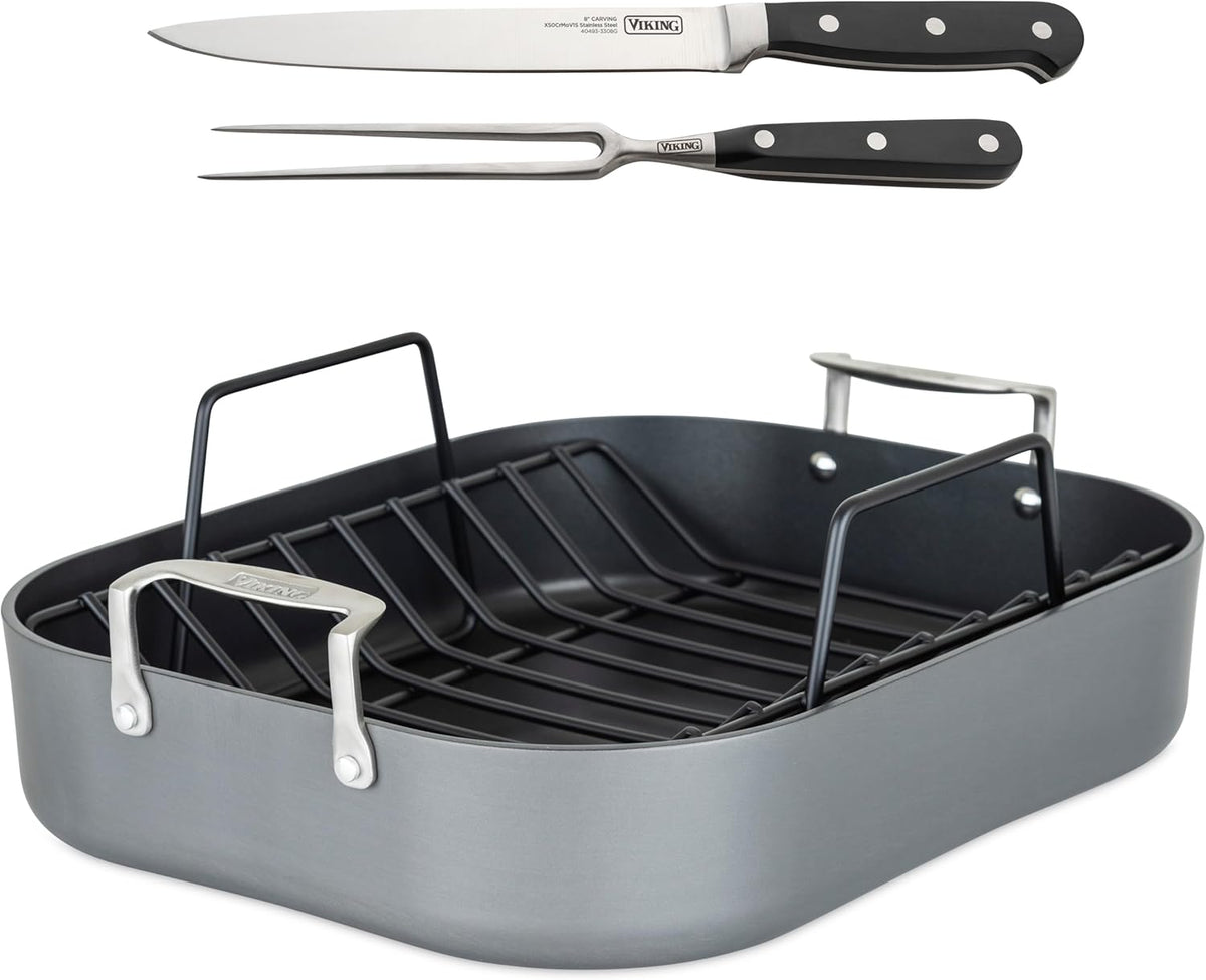 Viking Hard Anodized Aluminum Nonstick Roasting Pan with Non Stick Rack and Carving Set, 16 x 13 Inch Kitchen Cookware, Dishwasher and Oven Safe, Dark Grey