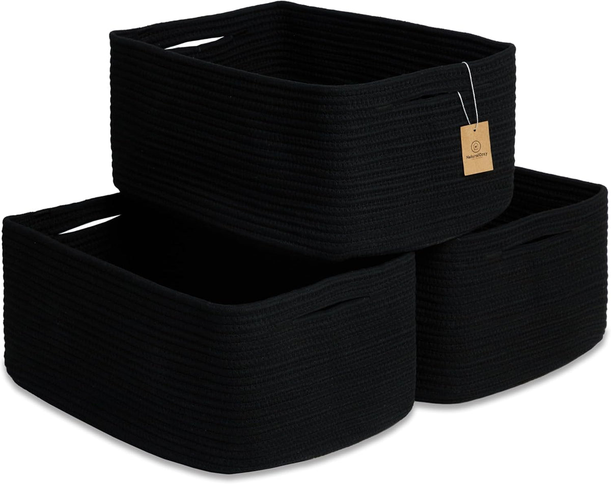 NaturalCozy Storage Baskets 16.8”x13”x7.6” Cotton Rope Woven Baskets for Organizing 3-Pack | Toy Storage Bins | Basket for Shelves, Laundry, Blanket, Clothes, Closet, Kitchen, Bathroom, Gifts