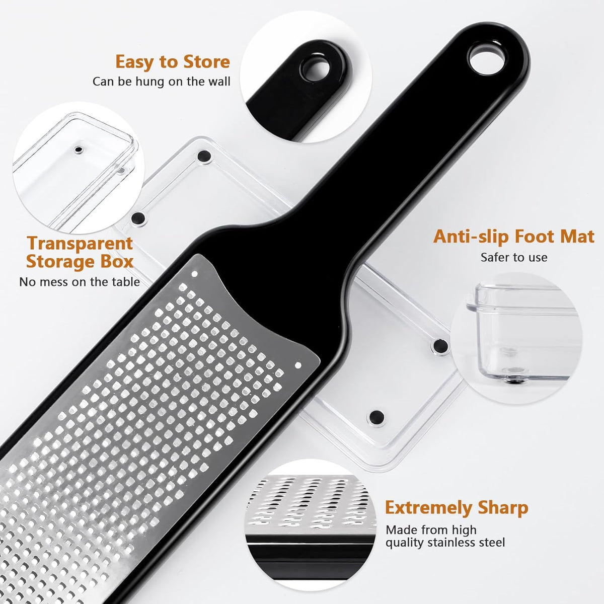 LHS Citrus Lemon Zester Cheese Grater with Container - Stainless Steel Kitchen Tool for Parmesan Cheese, Ginger, Garlic, Nutmeg, Chocolate, Fruits, Dishwasher Safe