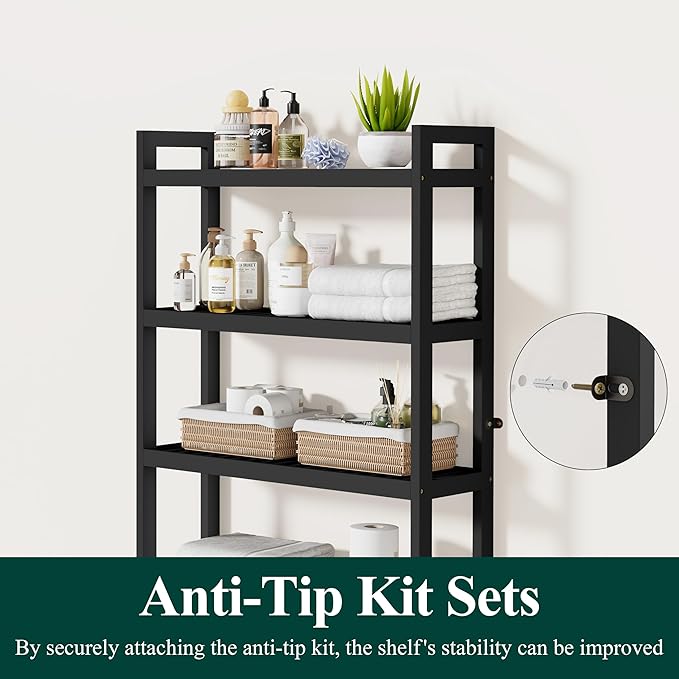 Smiry Over The Toilet Storage Cabinet, 4-Tier Bamboo Bathroom Organizers with Adjustable Shelf & 4 Hooks, Space Saving Shelf Rack for Bathrooms, Laundry Room, Balcony, Black