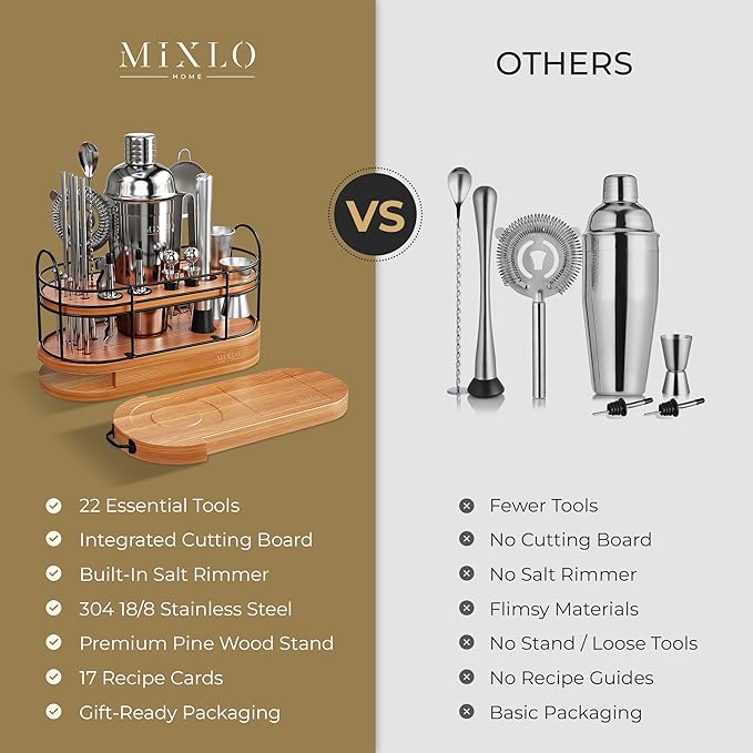 Mixology Bartender Kit - 22Pcs Bar Set Cocktail Shaker Set w Brown Bar Cart Accessories Stand - Shakers Bartending Silver Tools, 24oz Shaker, 17 Recipe Cards, Martini Barware