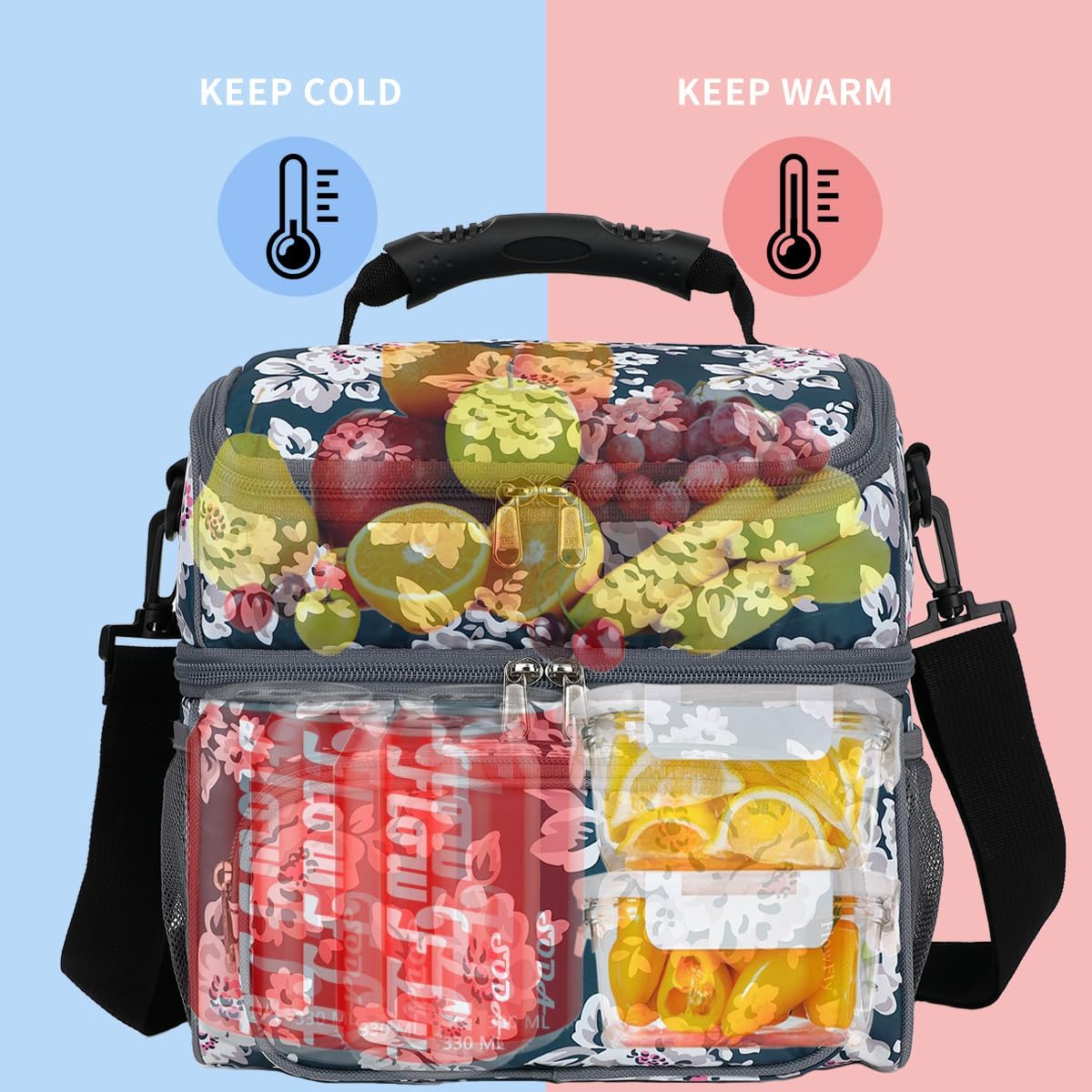 FlowFly Double Layer Cooler Insulated Lunch Bag Adult Lunch Box Large Tote Bag for Men, Women, With Adjustable Strap,Front Pocket and Dual Large Mesh Side Pockets