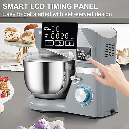 VEVOR Stand Mixer, 660W Electric Dough Mixer with 6 Speeds LCD Screen Timing, Tilt-Head Food Mixer with 5.8 Qt Stainless Steel Bowl, Dough Hook, Flat Beater, Whisk, Scraper, Splash-Proof Cover - Gray