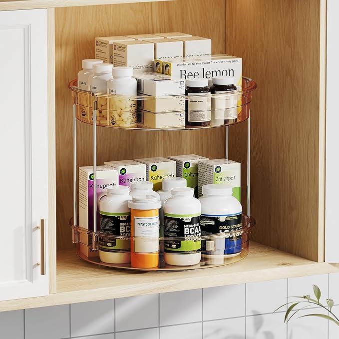 LAMU 2 Pack 2 Tier Lazy Susan Turntable Organizer 12'' Rotating Spice Rack Organization for Cabinet, Kitchen, Pantry, Countertop, Bathroom, Vanity, Medicine Cabinet Organizer, Amber