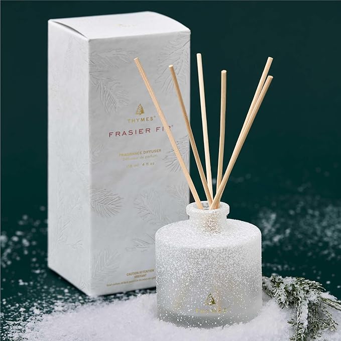 Thymes Frasier Fir Reed Diffuser Set – Includes Reeds, Fragrance Oil, and Frosted Glass Bottle – Fragrance Oil Diffuser – Room Fresheners – Luxury Home Decor – White (Flocked, 4 fl oz)