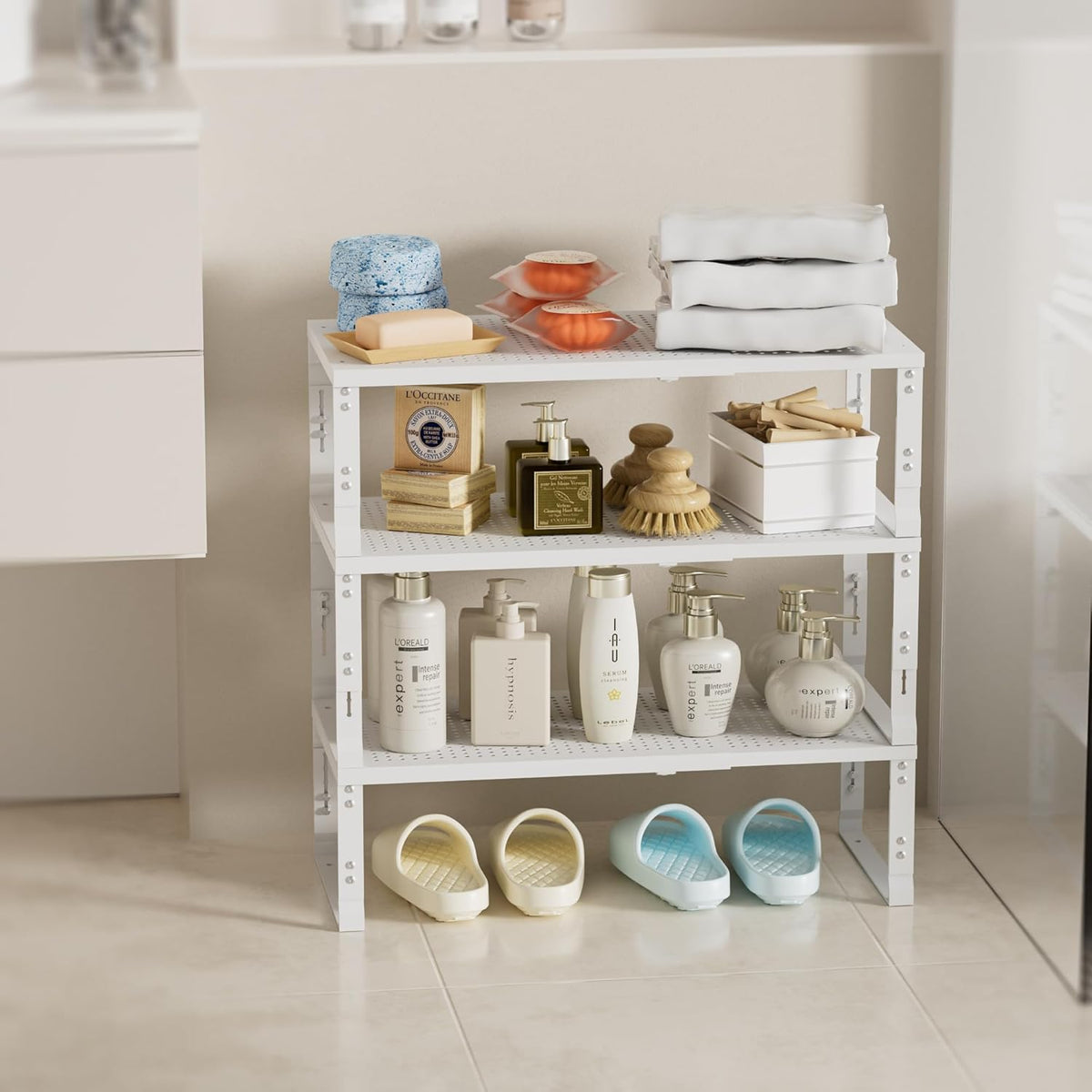 Expandable Spice Rack,Stackable Storage for Cabinet, Multi-Functional Kitchen Shelving,Height-Adjustable,Sustainable Organizer Solution(3Packs/White/Medium)
