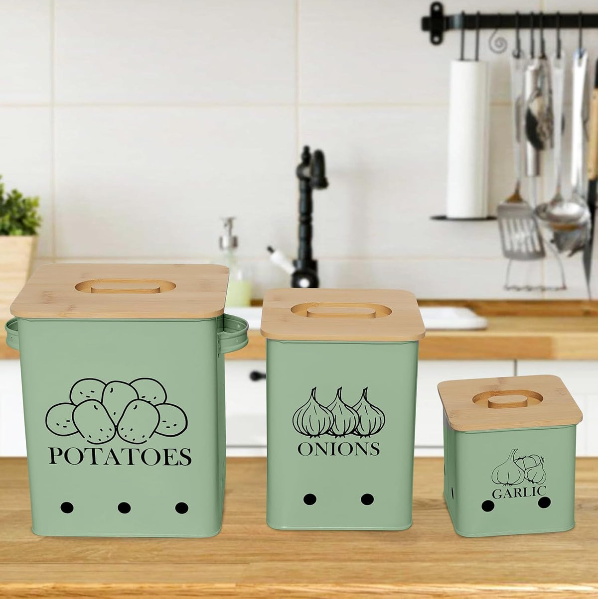 Kitchen Canisters Set, Storage Bin for Potato Onion & Garlic, 3 Pack Set Countertop Pots Containers with Wooden Lid - Potato Storage, Garlic Bin, Onion Keeper Tin with Aerating Holes-Green